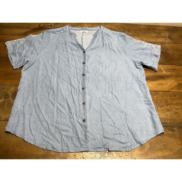 Anthropologie Kindred Women’s Chambray Floral Embroidered Shirt Plus Size 1X - Picture 7 of 10